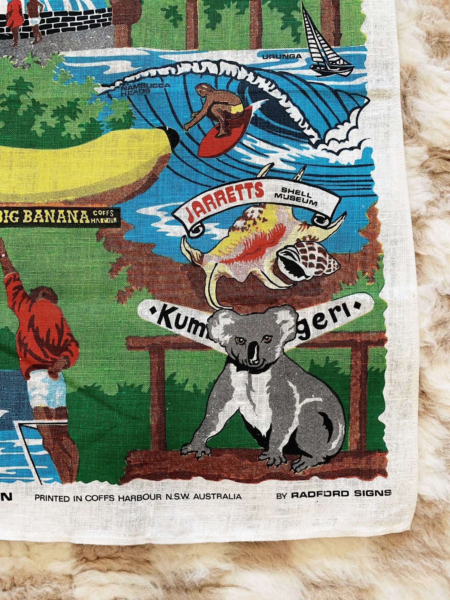 Hand Printed Bananacoast Tour Souvenir Tea Towel