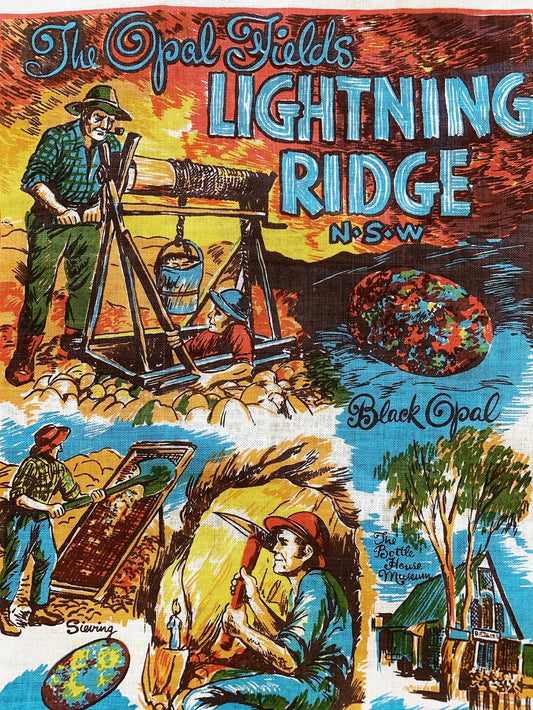 Hand Printed Opal Fields Lightning Ridge Souvenir Tea Towel