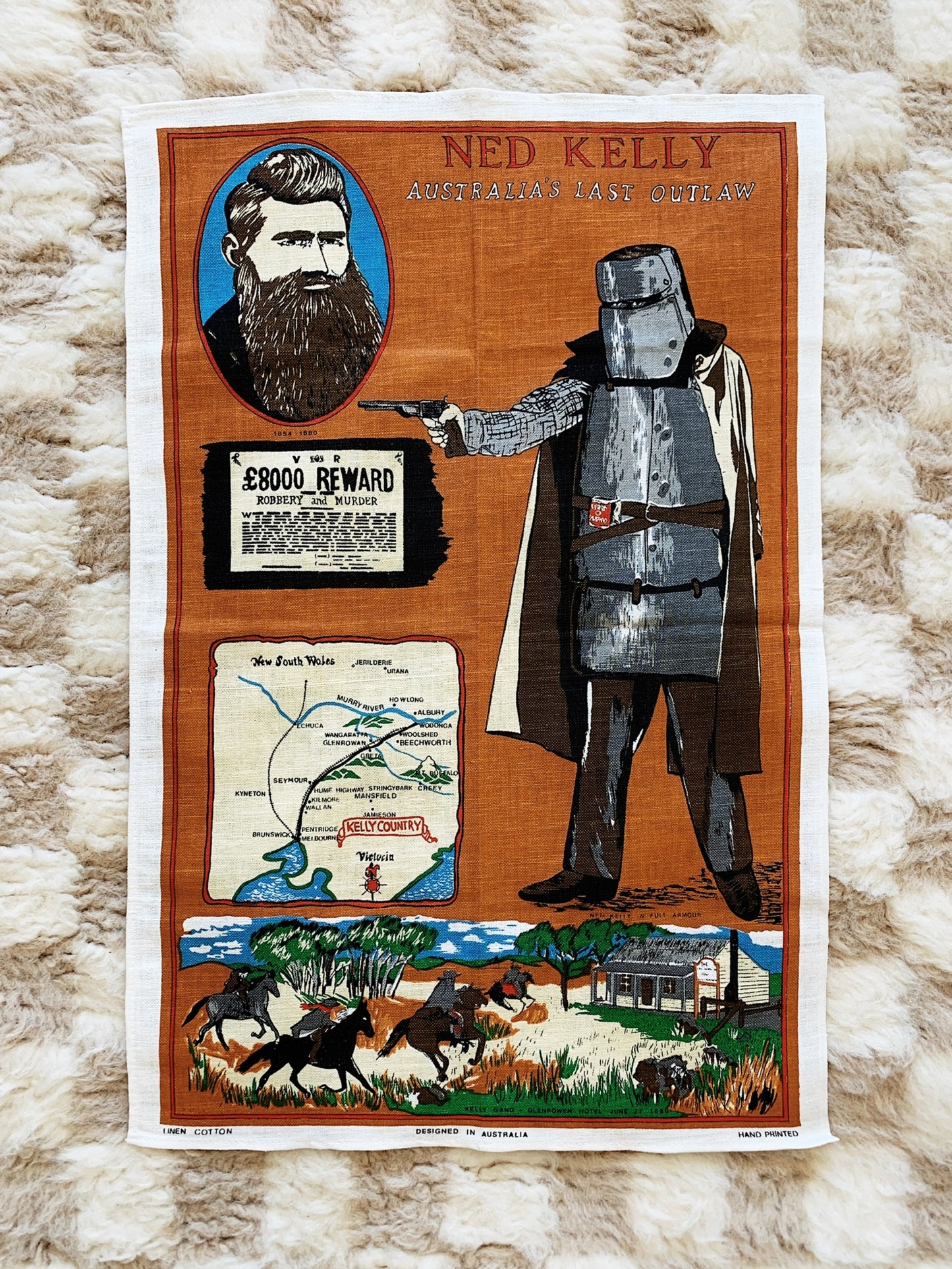Hand Printed Ned Kelly Kelly Country Souvenir Tea Towel