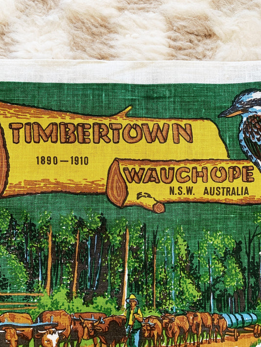 Hand Printed Timbertown Wauchope Souvenir Tea Towel