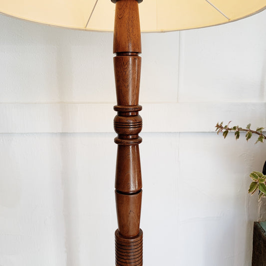 Turned Wood Floor Lamp with Textured Linen Shade