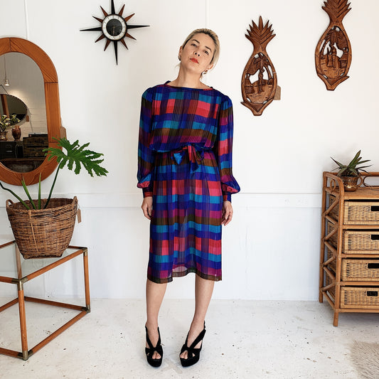 Vintage 80s Rainbow Checker Dress by Armen Fashions