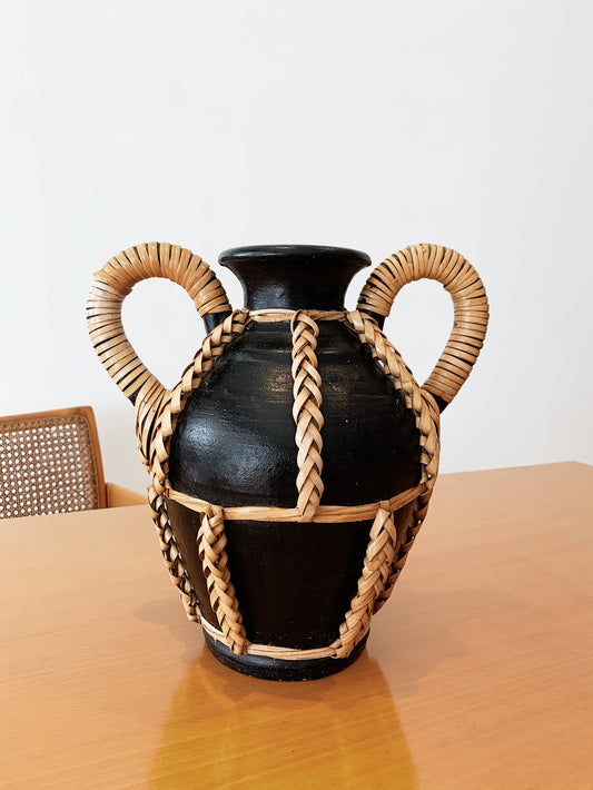 Vintage Black & Rattan Urn