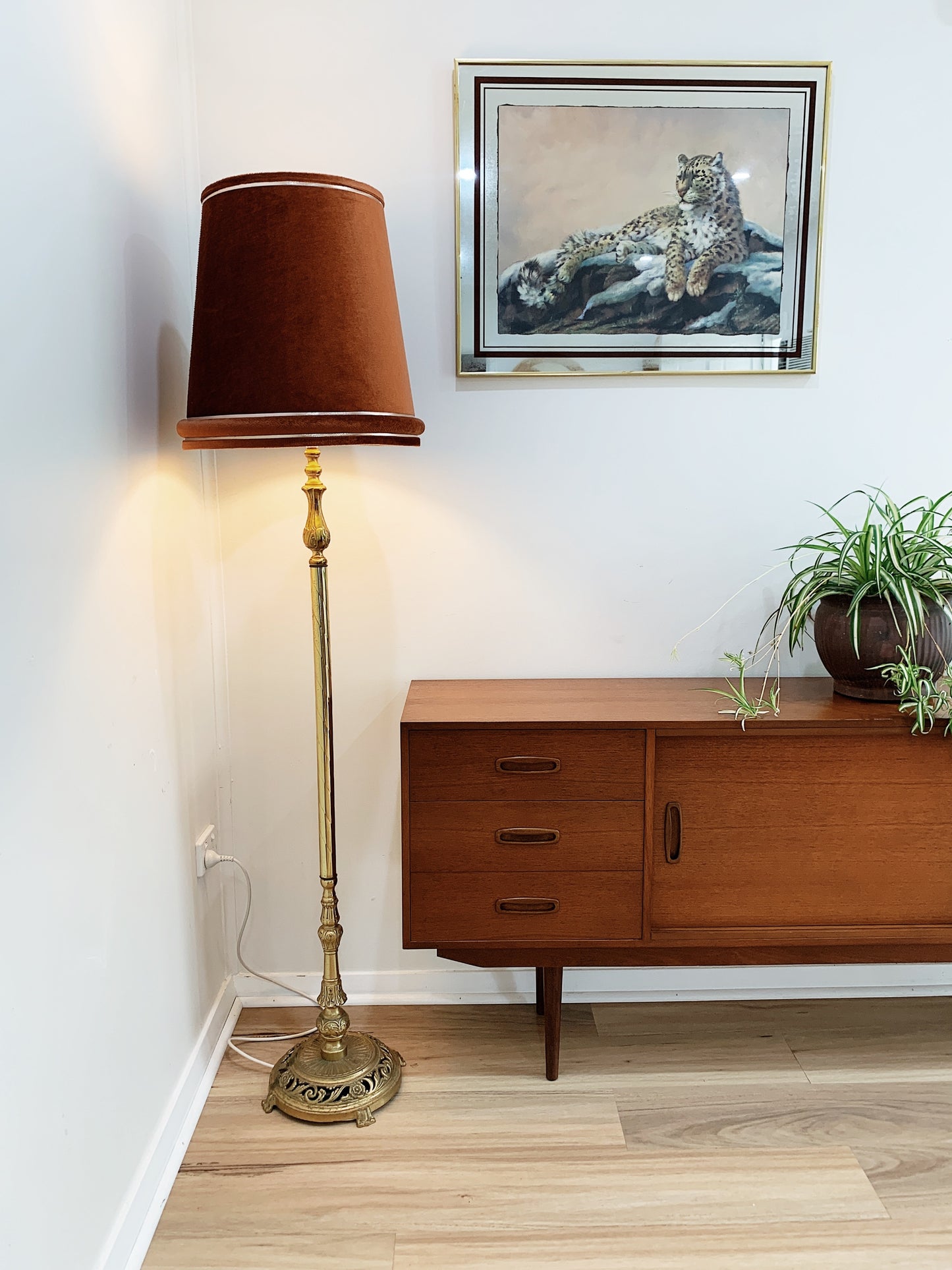 Brass Floor Lamp & Rust Velour Shade