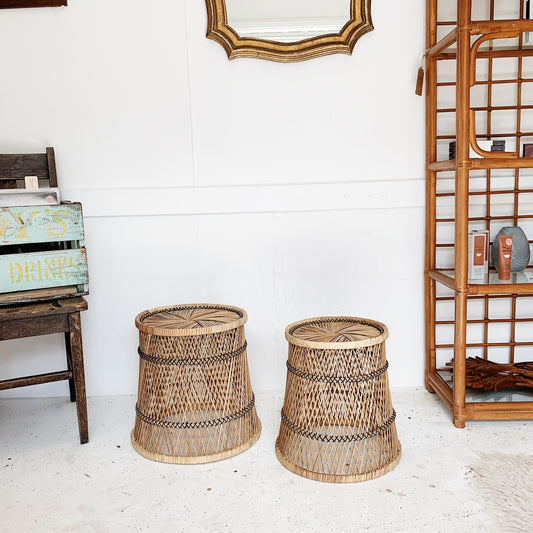 Vintage Cane Peacock Nesting Side Tables / Planters