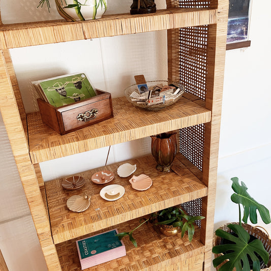 Vintage Cane Weave Arch Top Bookshelf