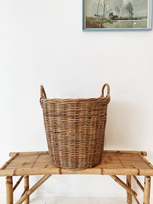 Vintage Cane Wood Fire / Blanket Basket