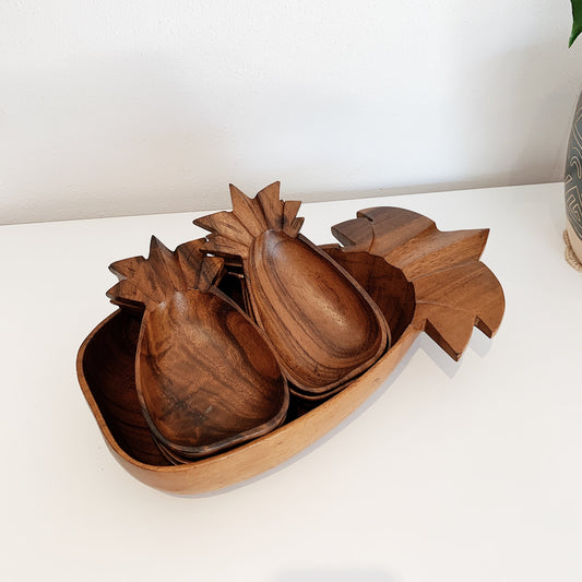 Vintage Carabao Monkey Pod Fruit Salad Bowl and 6 Matching Serving Bowls