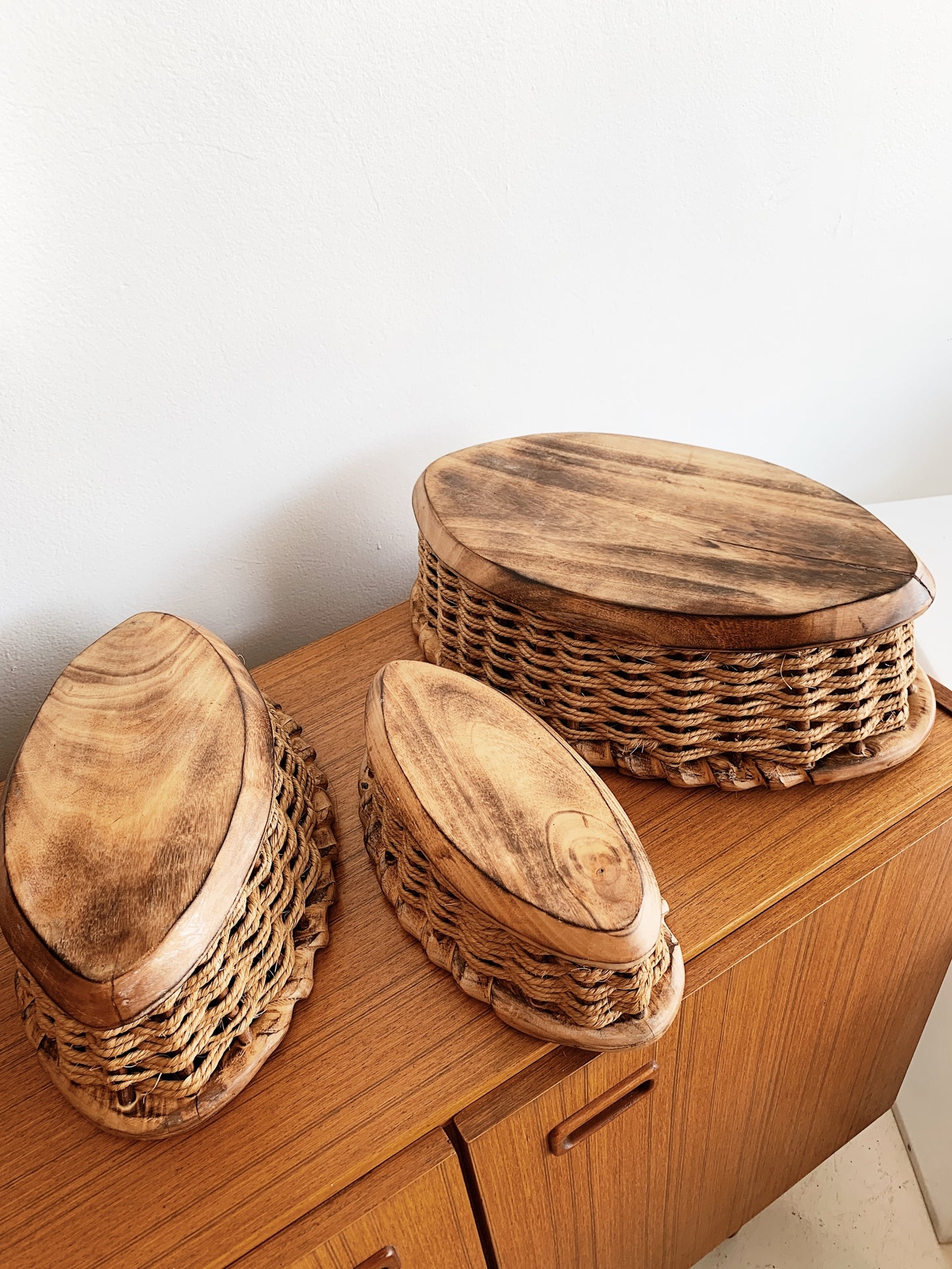 Vintage Folk Art Wood & Rope Trio