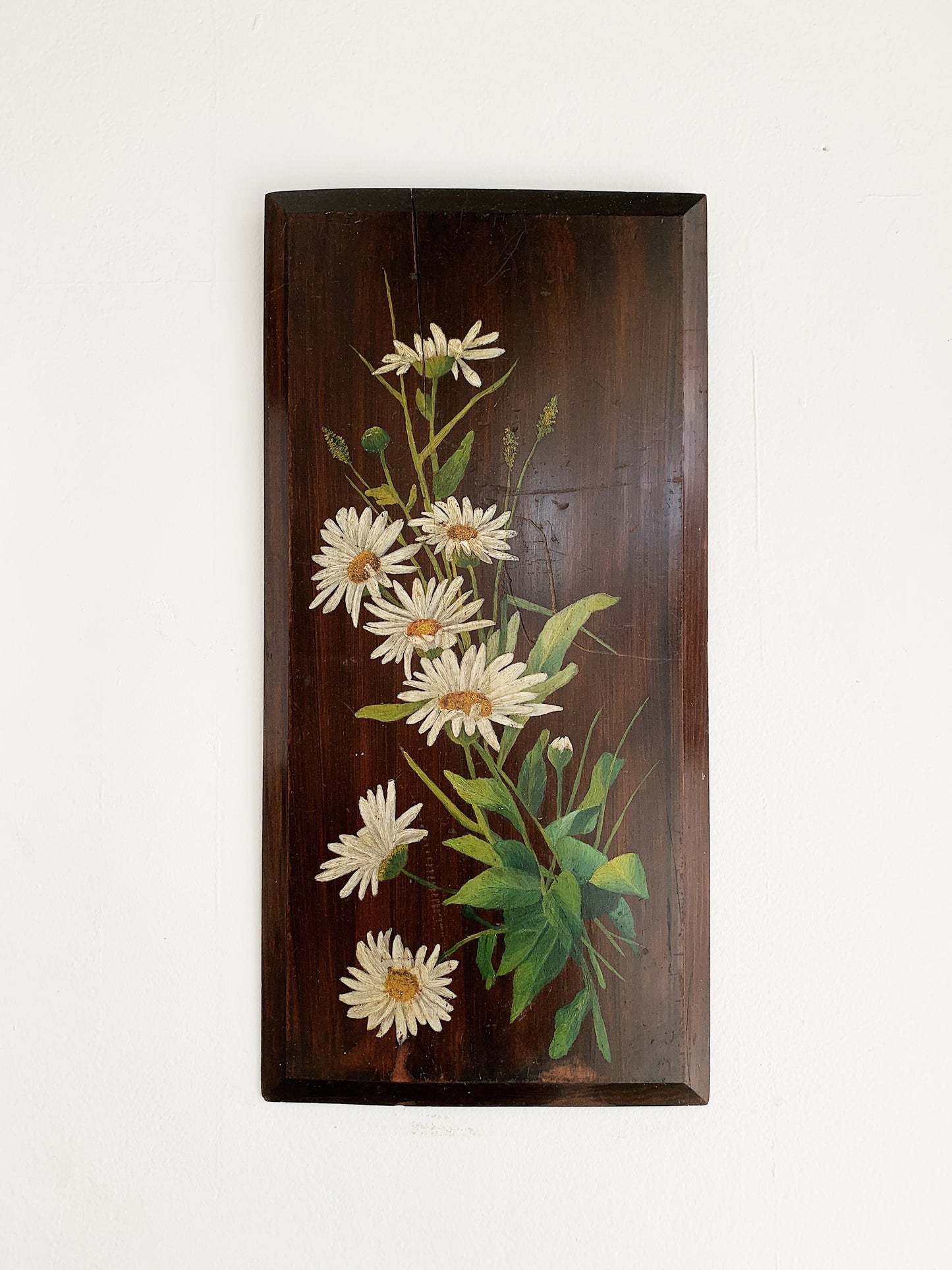Vintage Folk Art Daisies Oil On Wood