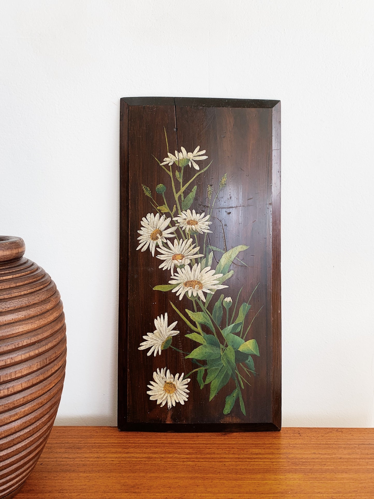 Vintage Folk Art Daisies Oil On Wood