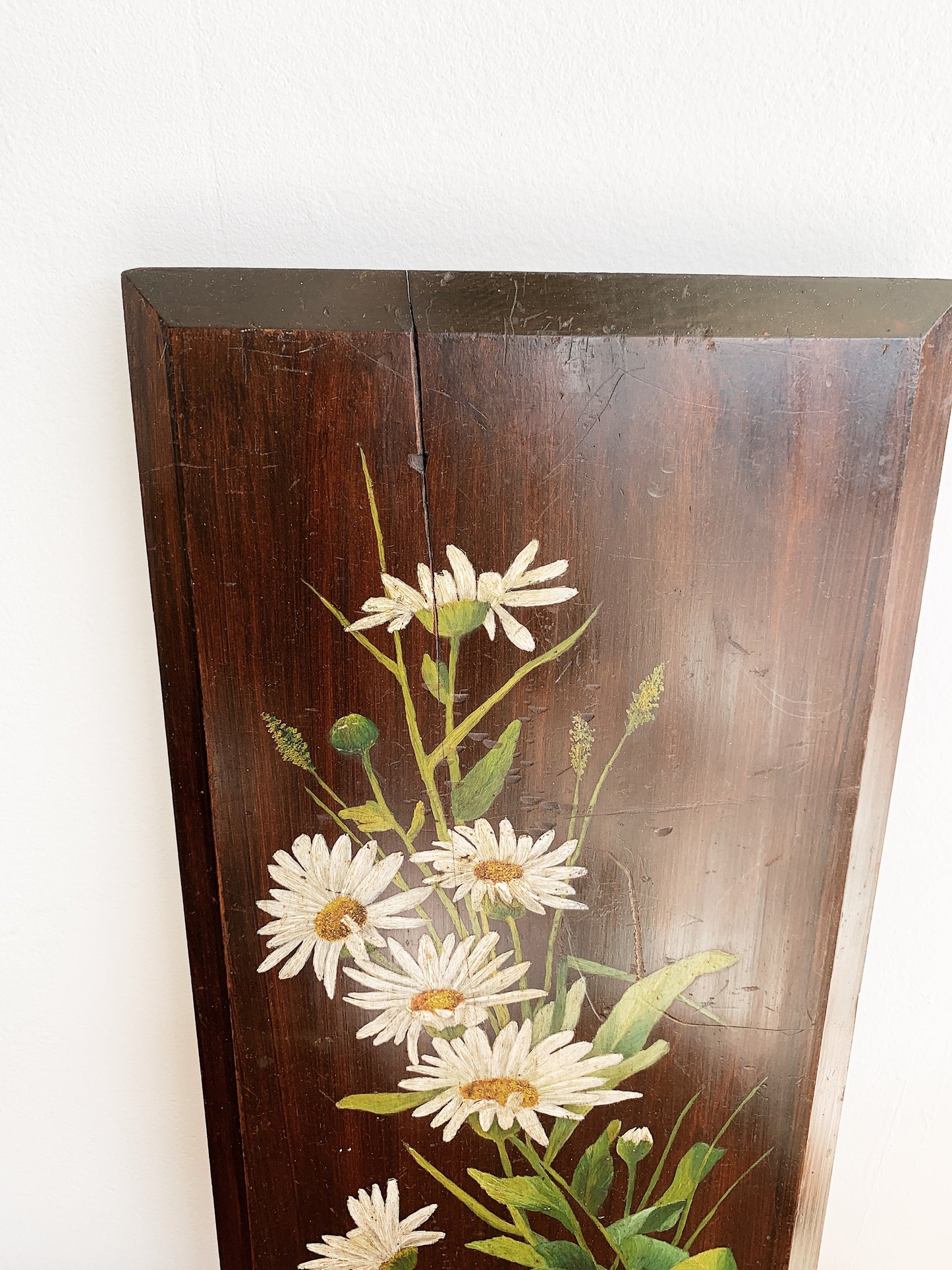 Vintage Folk Art Daisies Oil On Wood