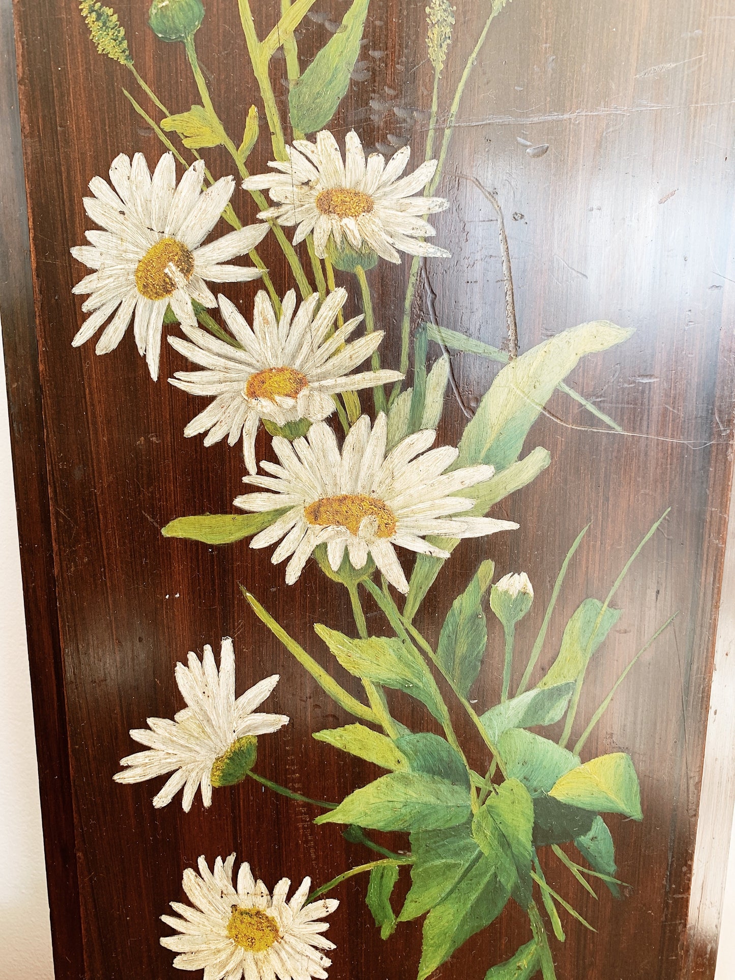 Vintage Folk Art Daisies Oil On Wood