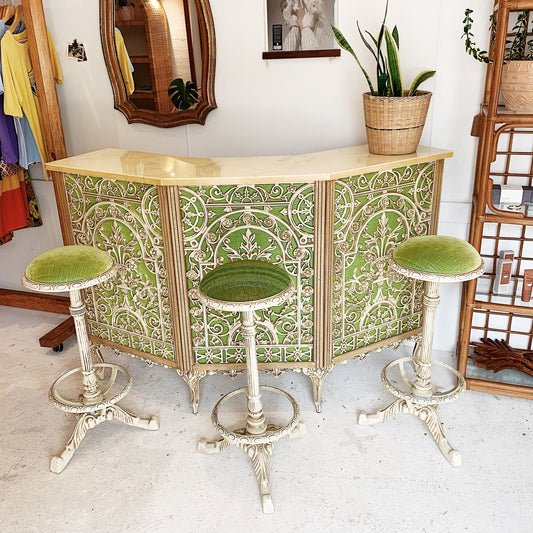 Vintage Garden of Eden Bar & 3 Cast Metal Stools