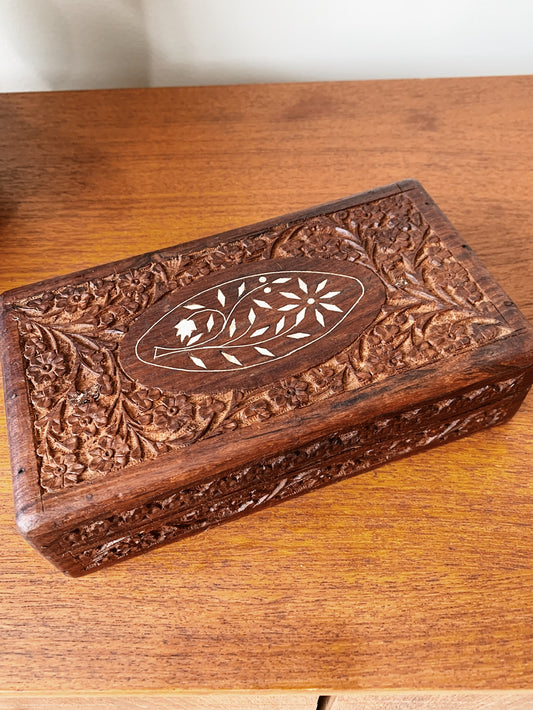 Vintage Hand-Carved Trinket Box With Pearl Inlay