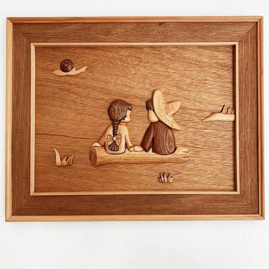 Vintage Handmade Scandi Style Wooden Boy Girl Scene