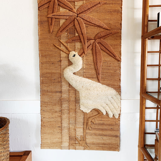 Vintage Meher White Crane Jute Wall Hanging