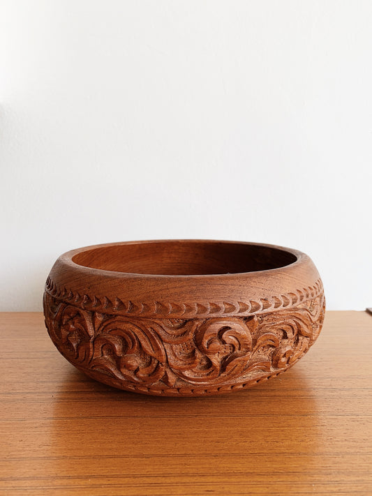 Vintage Ornate Carved Wooden Serving Bowl