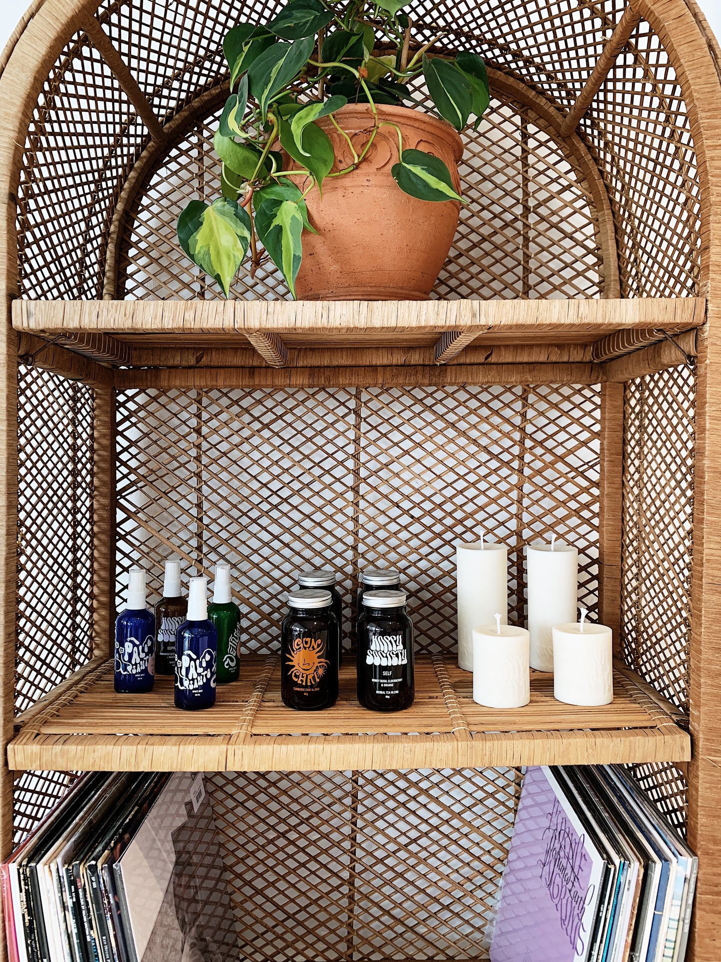 Vintage Peacock Cane Arch Shelves
