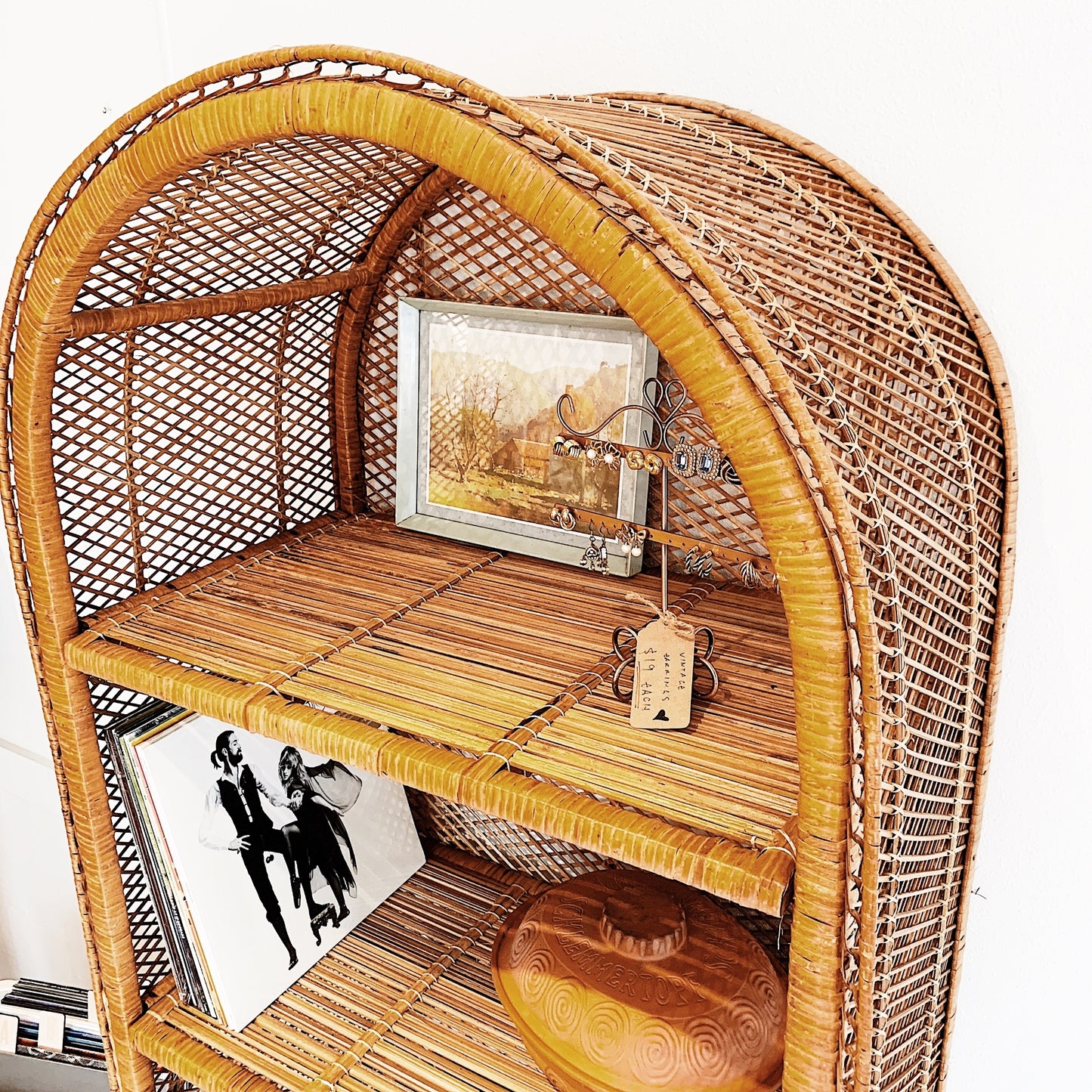Vintage Cane Peacock Shelf Tower