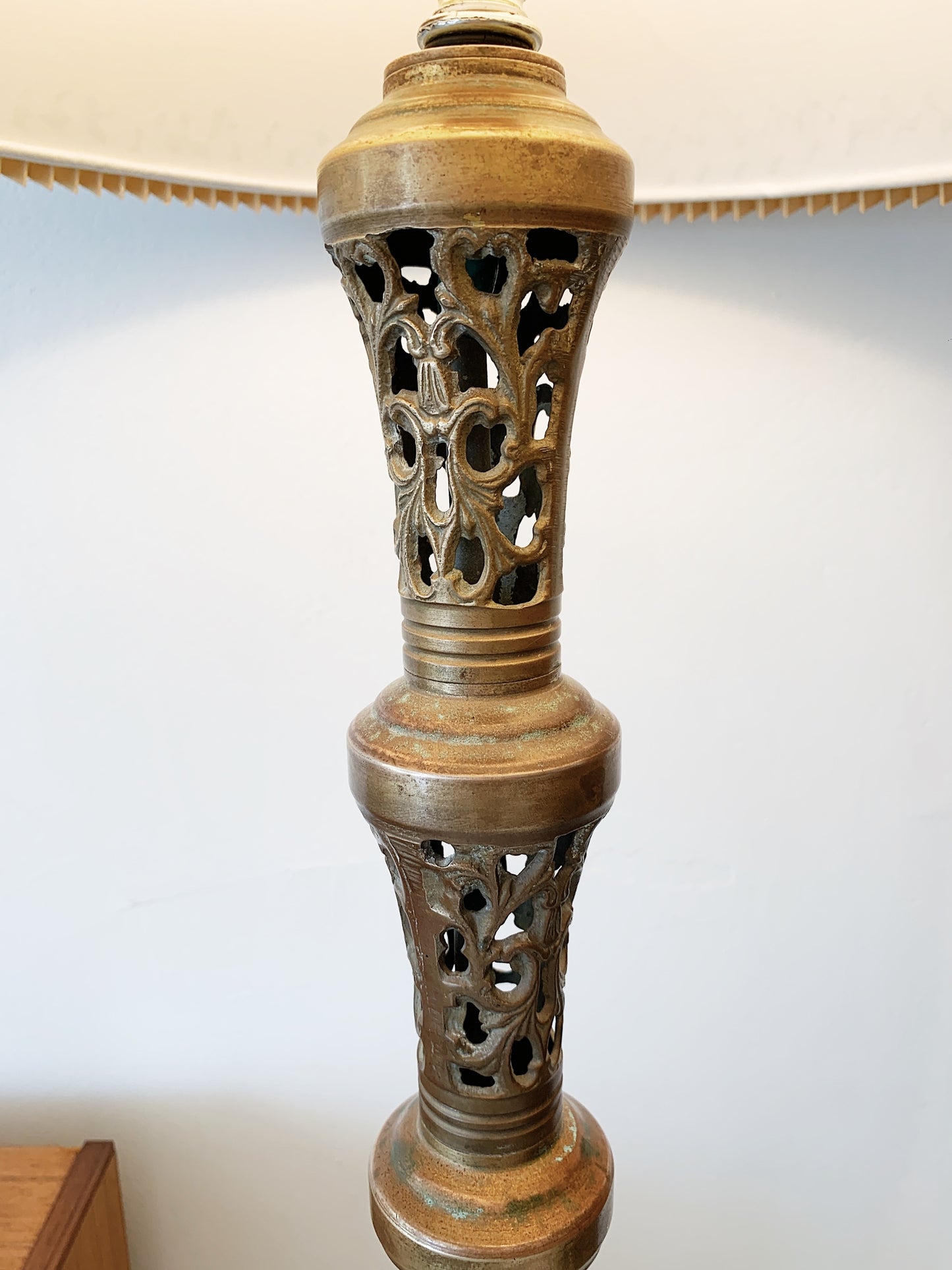 Vintage Pierced Brass Floor Lamp w/ Mottled Cream Pleated Shade