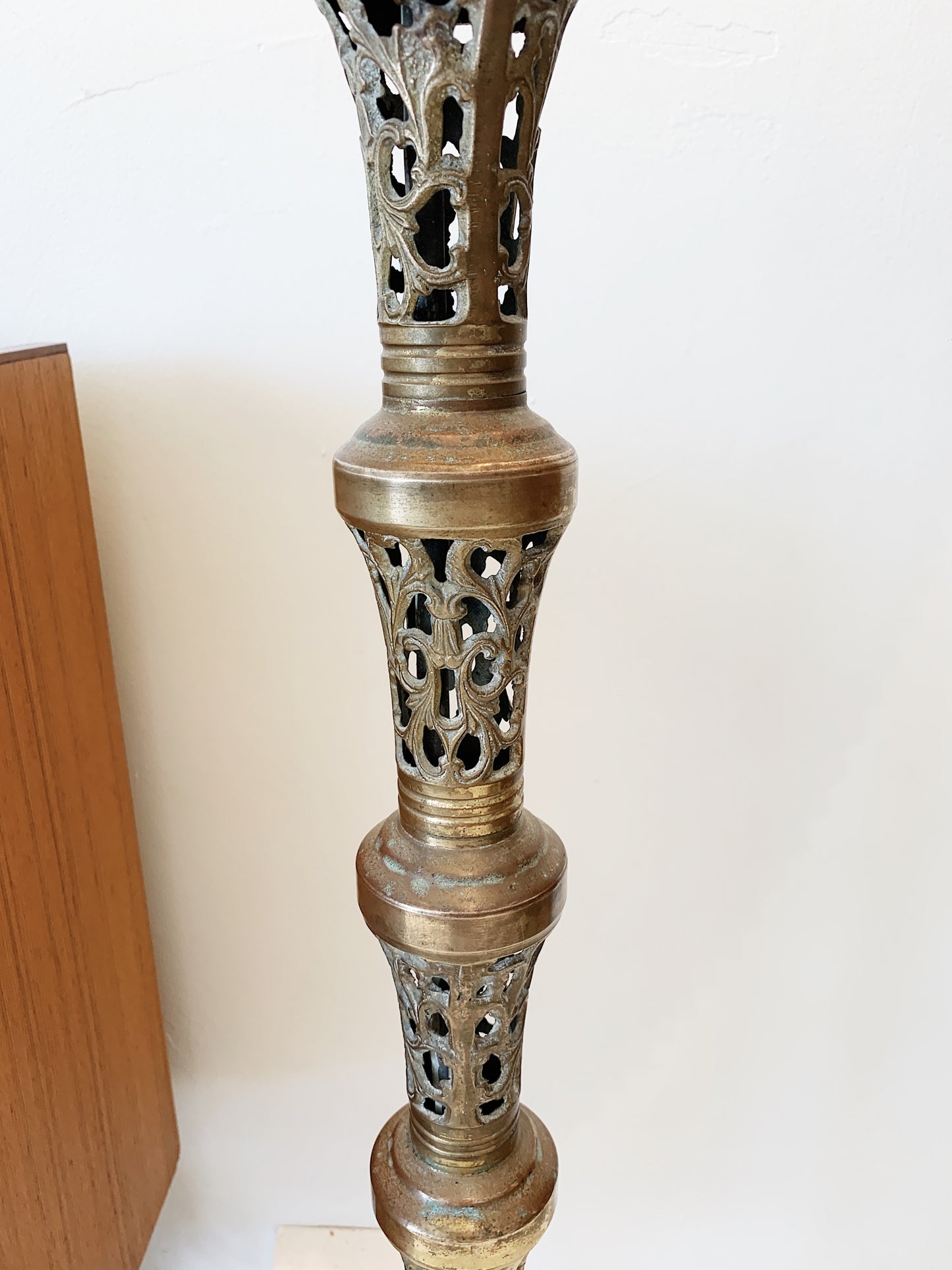 Vintage Pierced Brass Floor Lamp w/ Mottled Cream Pleated Shade
