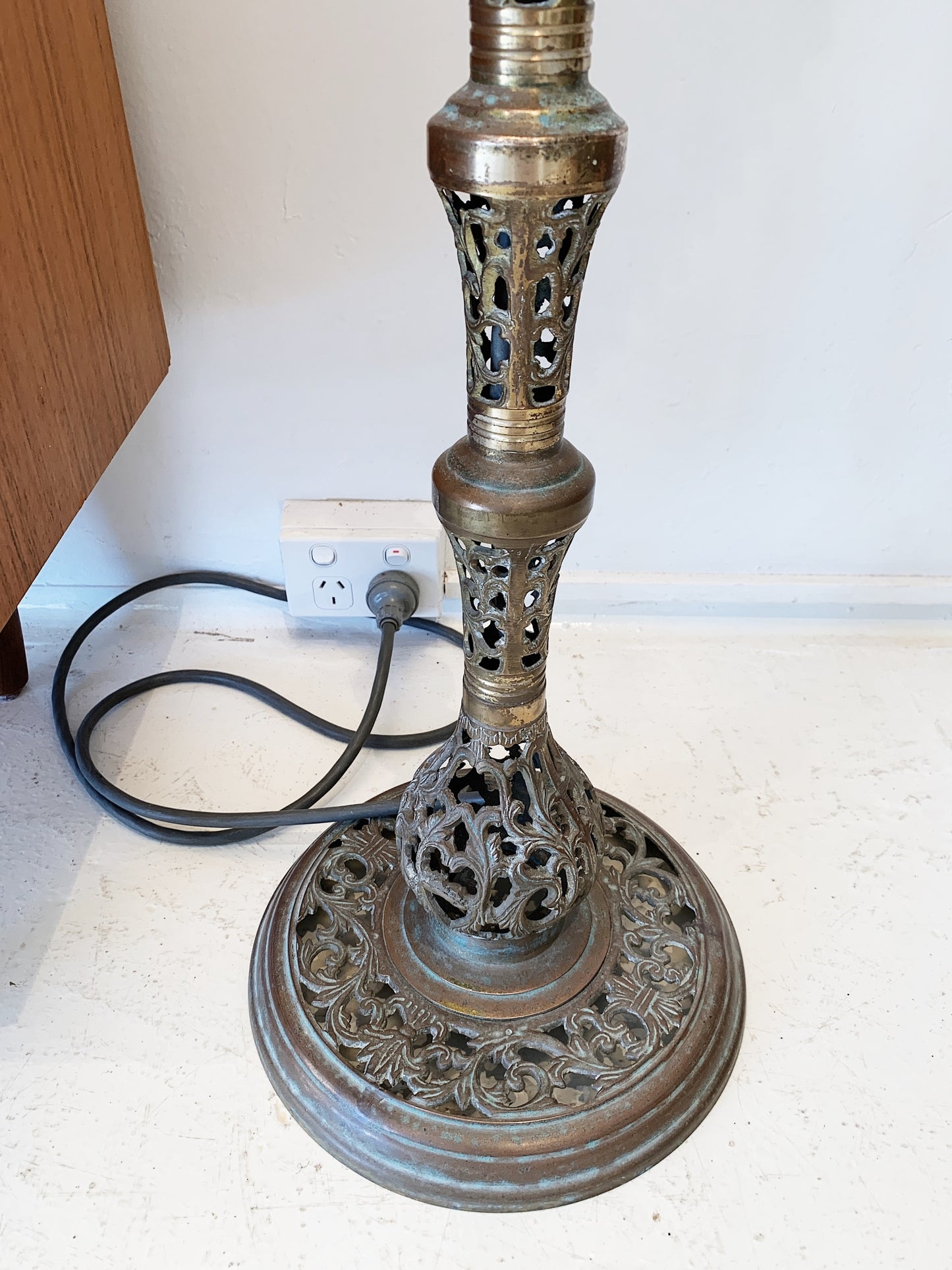 Vintage Pierced Brass Floor Lamp w/ Mottled Cream Pleated Shade