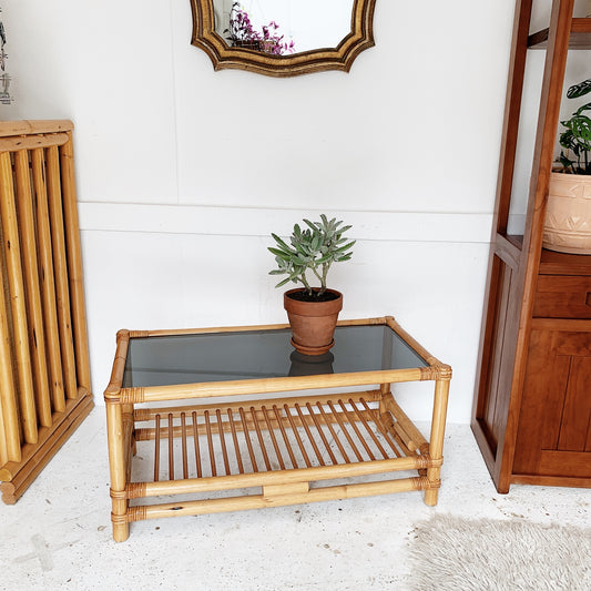 Vintage Rattan Coffee Table with Dark Smoked Glass Top