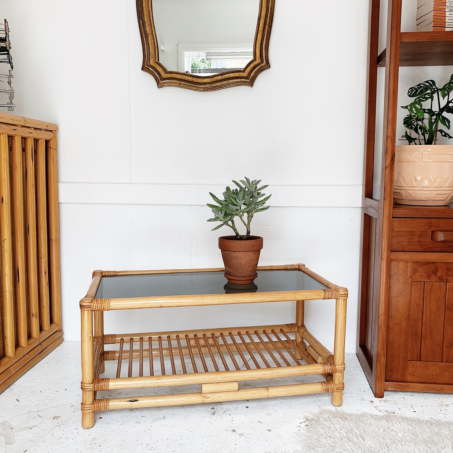 Vintage Rattan Coffee Table with Dark Smoked Glass Top