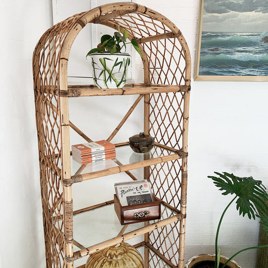 Vintage Rattan Cross Hatch Shelf Tower