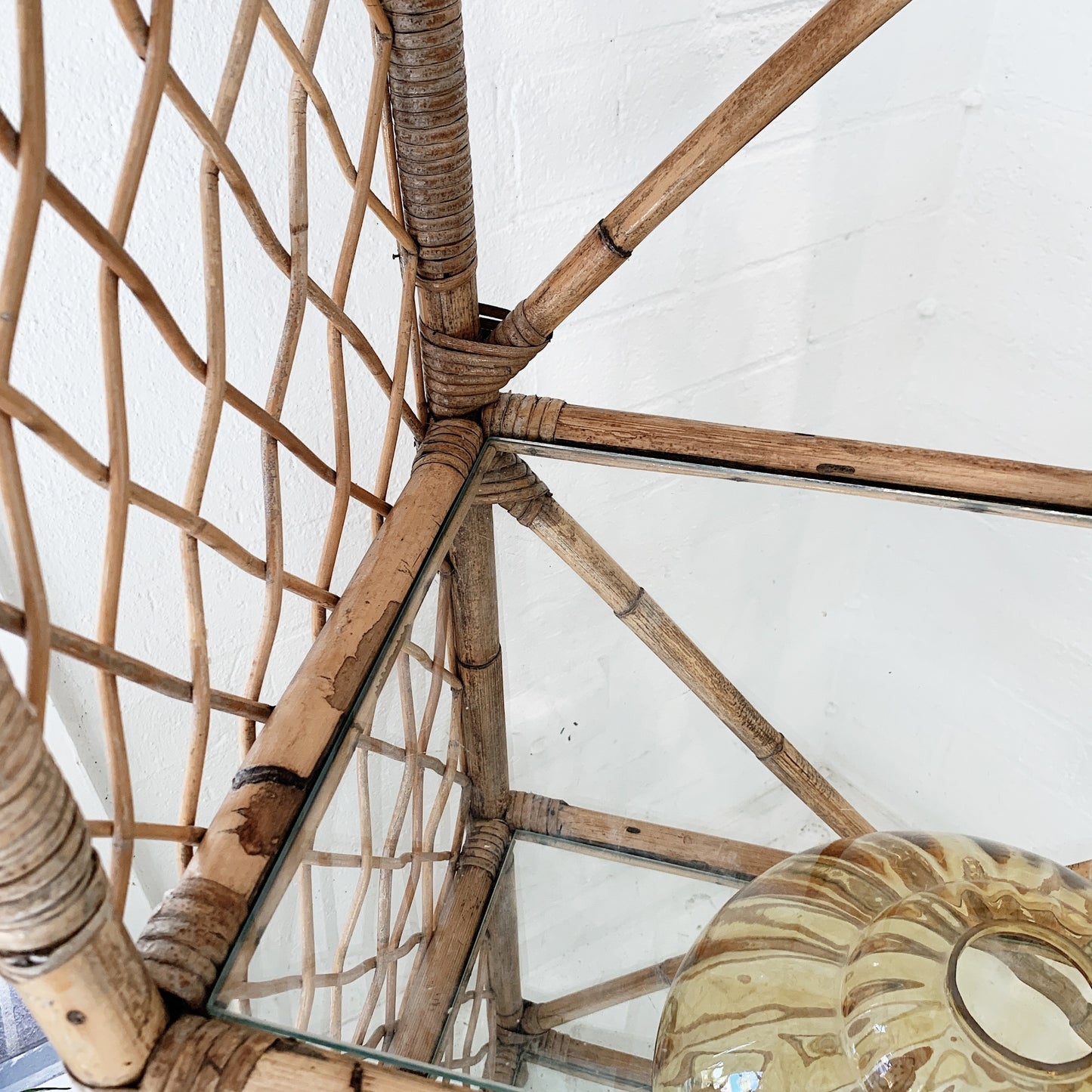 Vintage Rattan Cross Hatch Shelf Tower