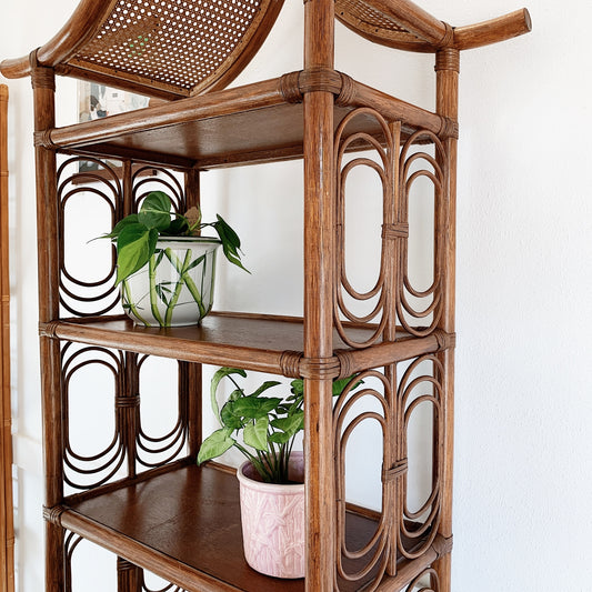 Vintage Rattan & Webbed Cane Temple Top Wall Unit