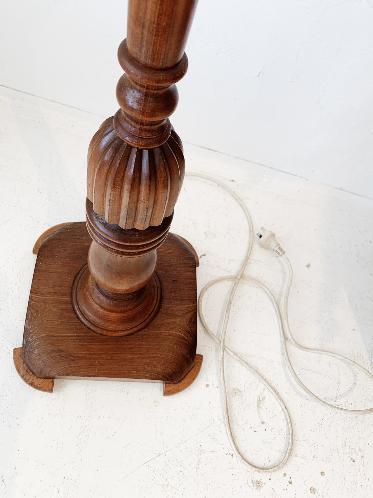Vintage Turned Wood Floor Lamp w/ Golden Velvet Lamp Shade