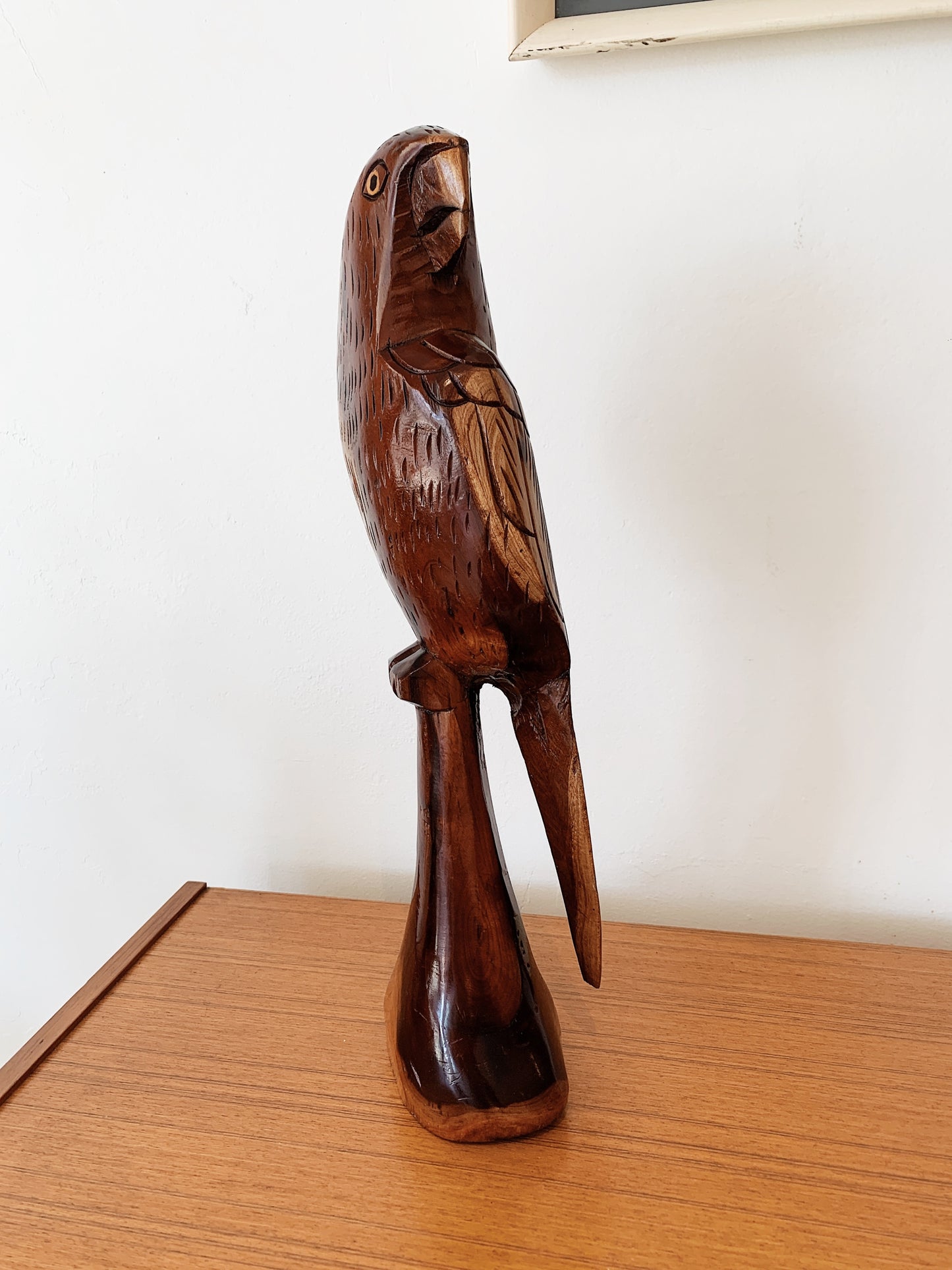 Vintage Hand Carved Wooden Parrot Statue