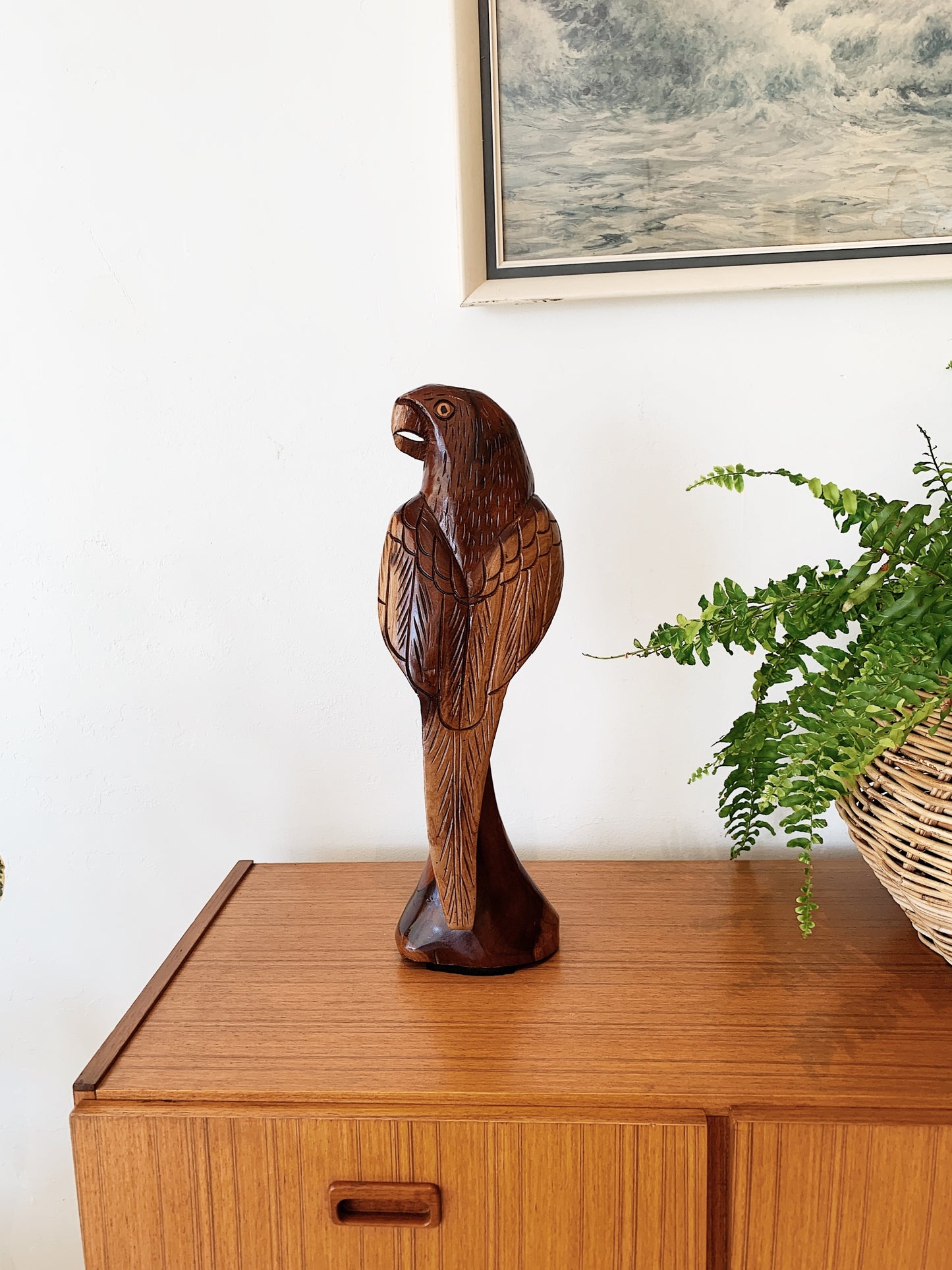 Vintage Hand Carved Wooden Parrot Statue