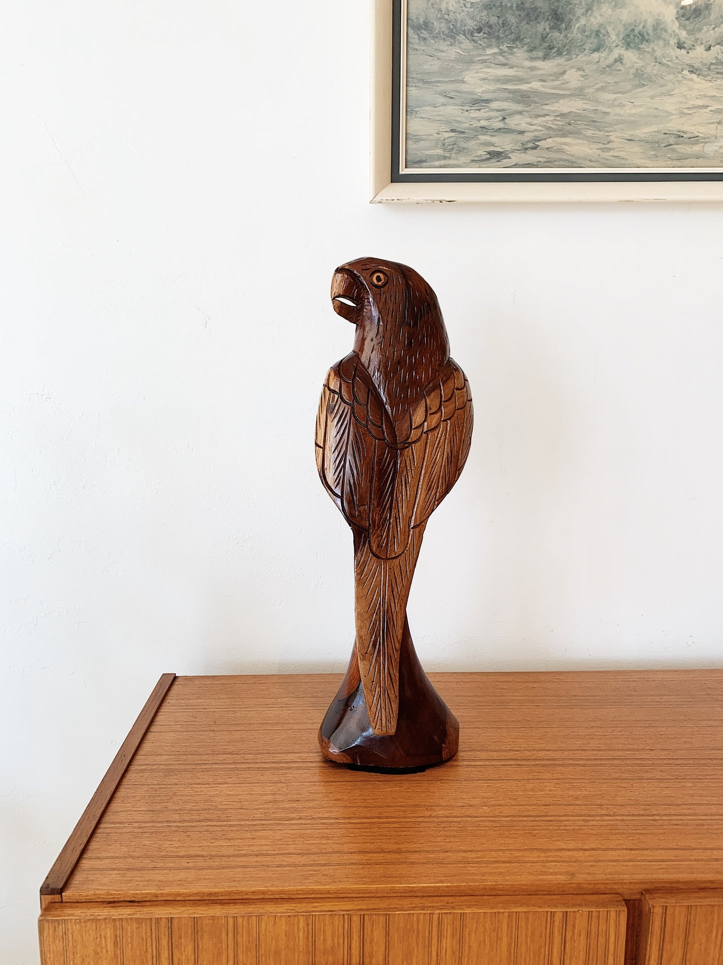 Vintage Hand Carved Wooden Parrot Statue