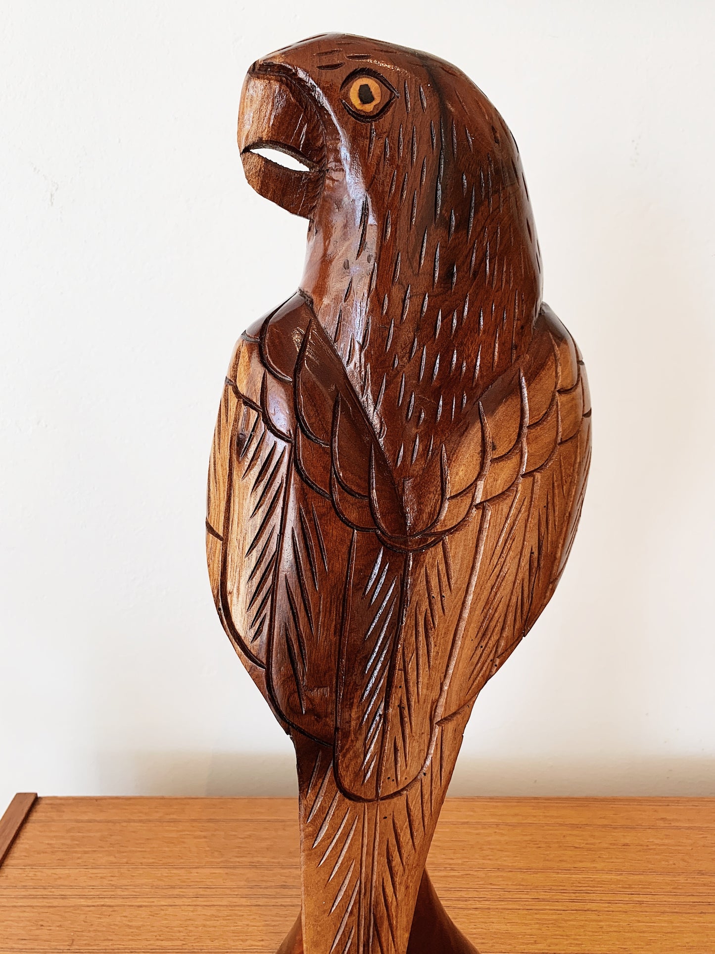 Vintage Hand Carved Wooden Parrot Statue
