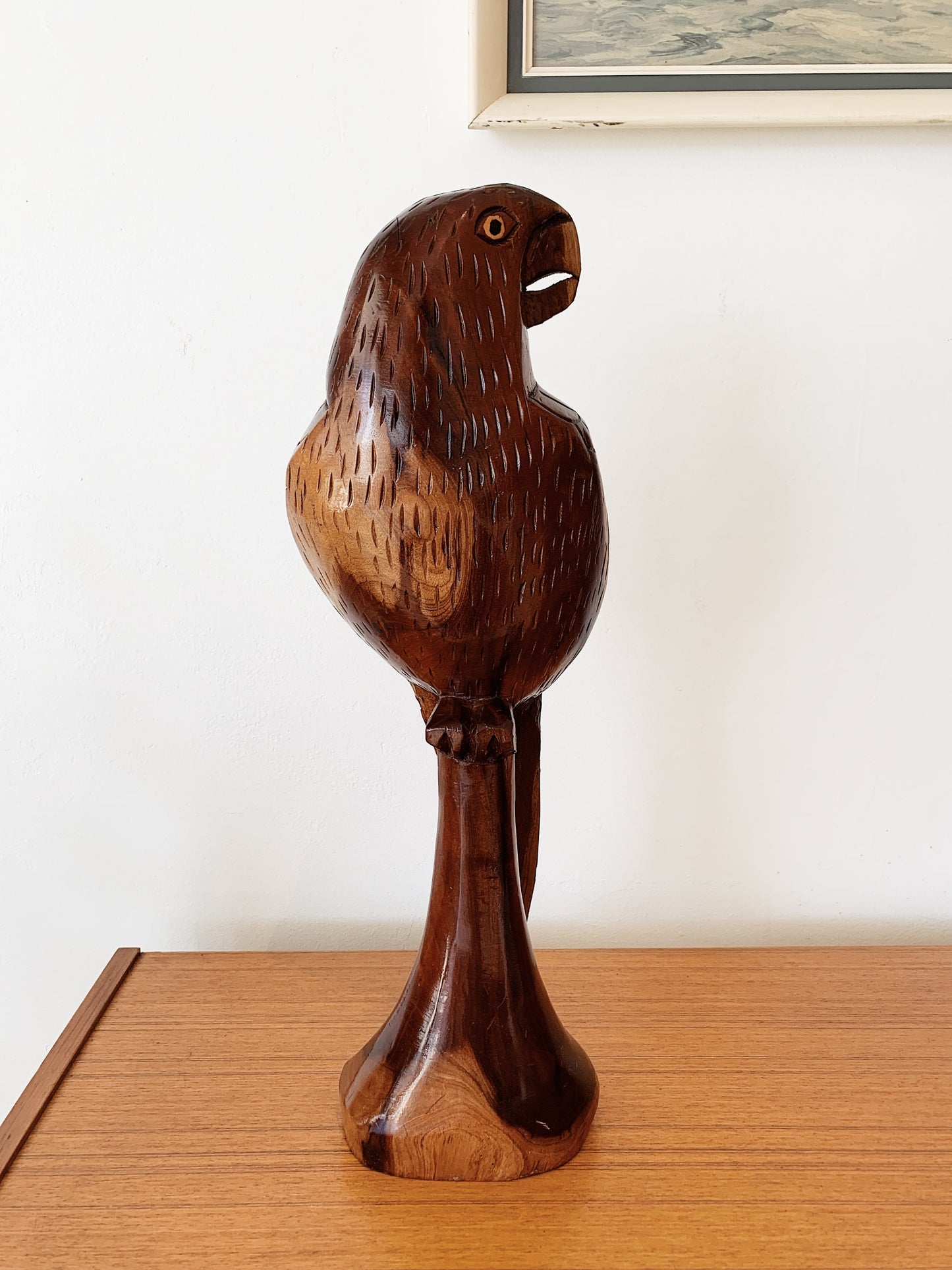 Vintage Hand Carved Wooden Parrot Statue