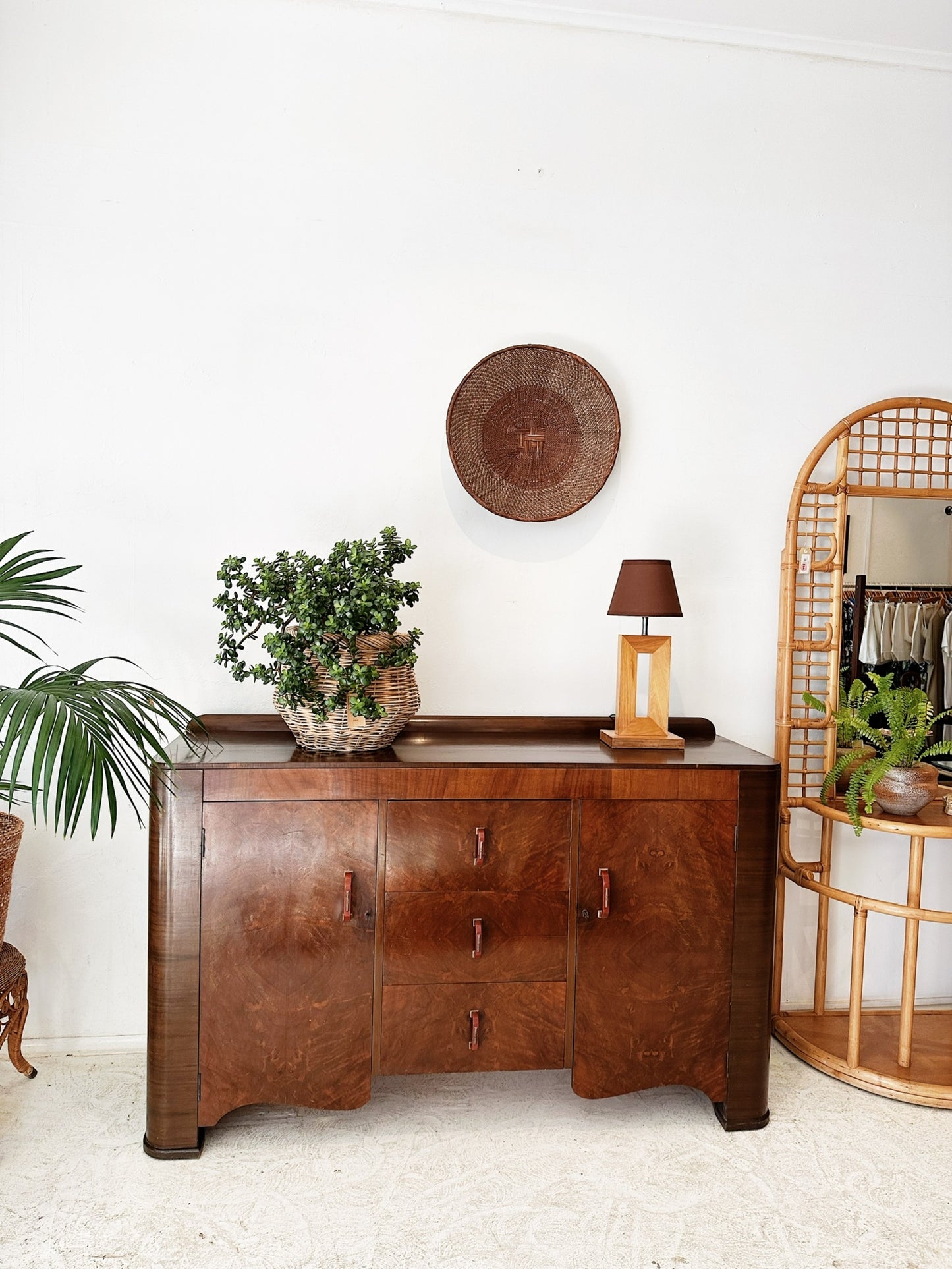 50s Vintage Art Deco Burl Walnut Sideboard