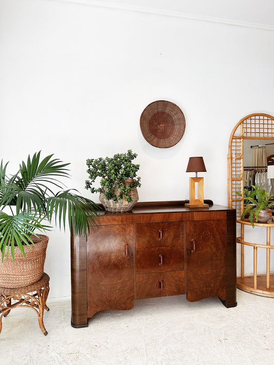 50s Vintage Art Deco Burl Walnut Sideboard