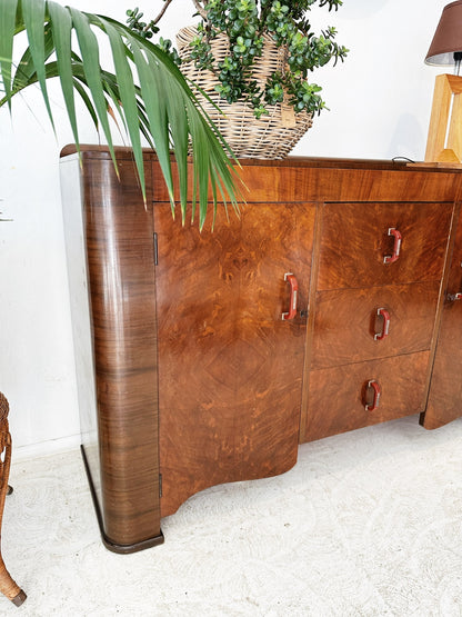 50s Vintage Art Deco Burl Walnut Sideboard