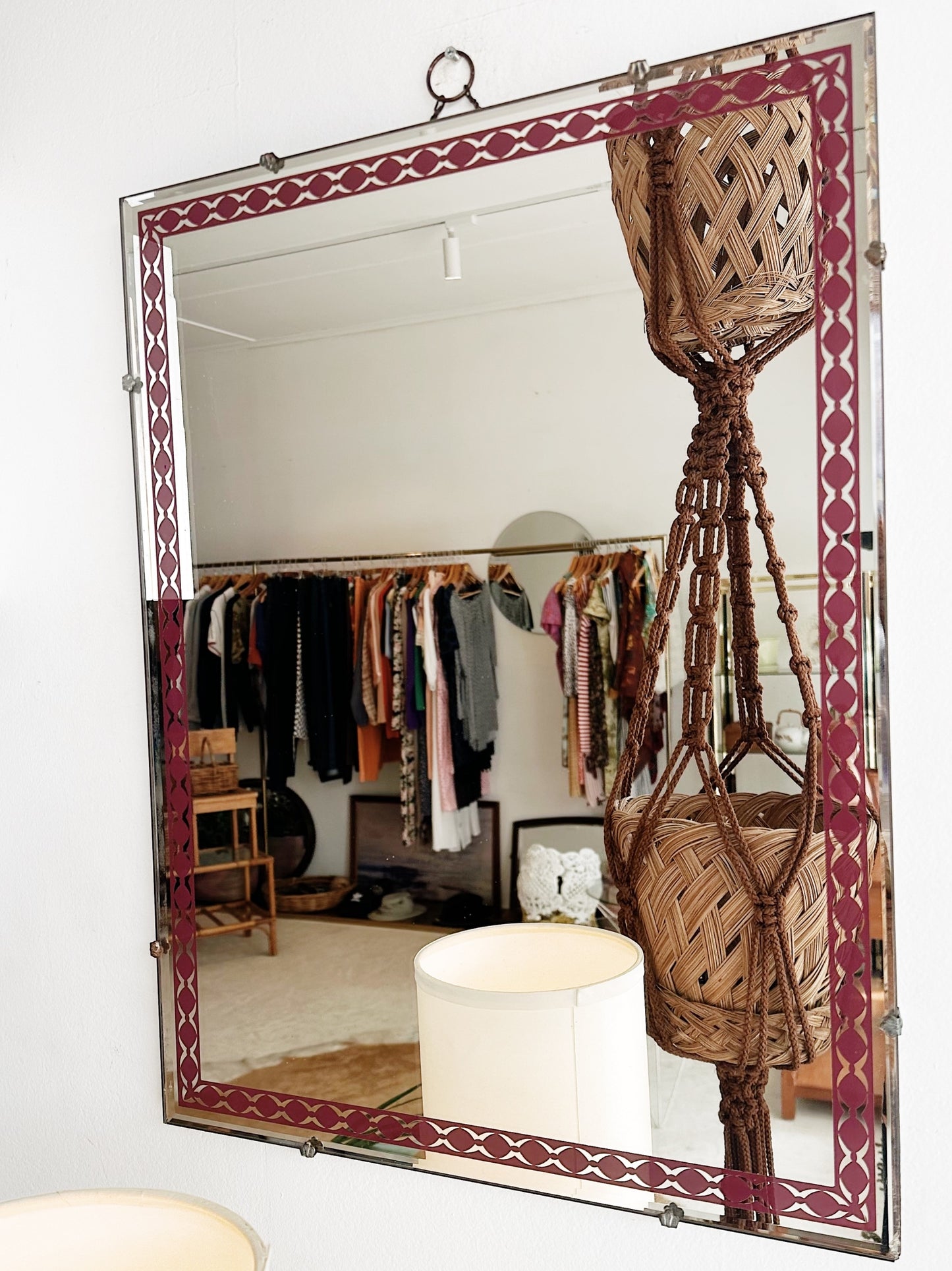 60s 70s Vintage Beveled Edged Mirror with Maroon Trim