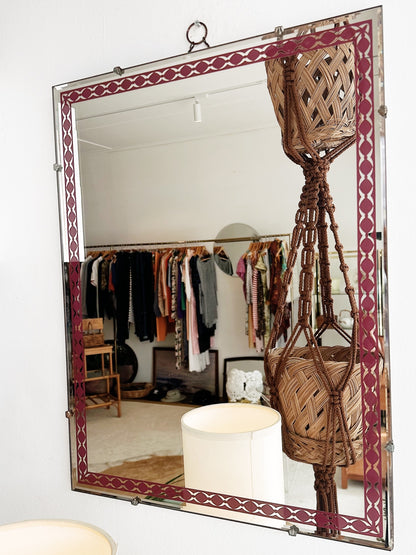 60s 70s Vintage Beveled Edged Mirror with Maroon Trim