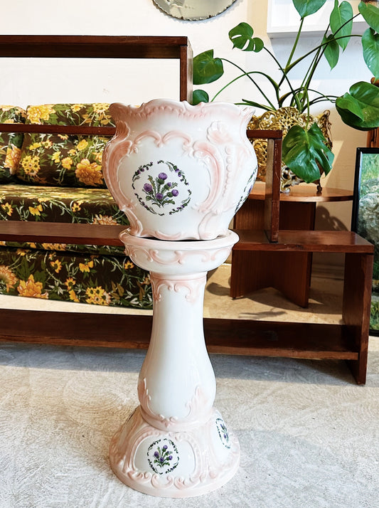 60s Vintage Floral Doilly Ceramic Jardinière Plant Stand