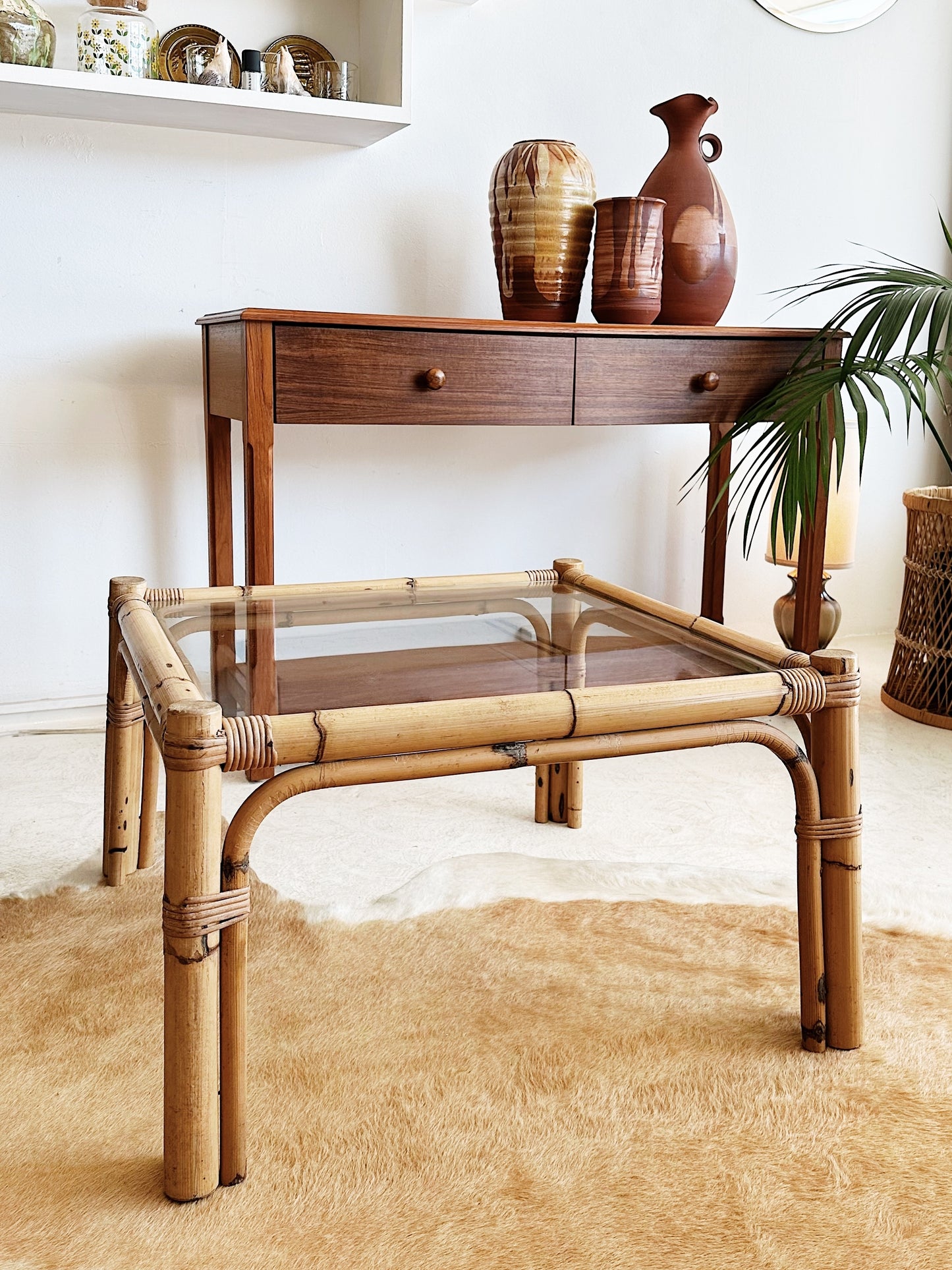 70s Vintage Rattan Square Coffee / Side Table
