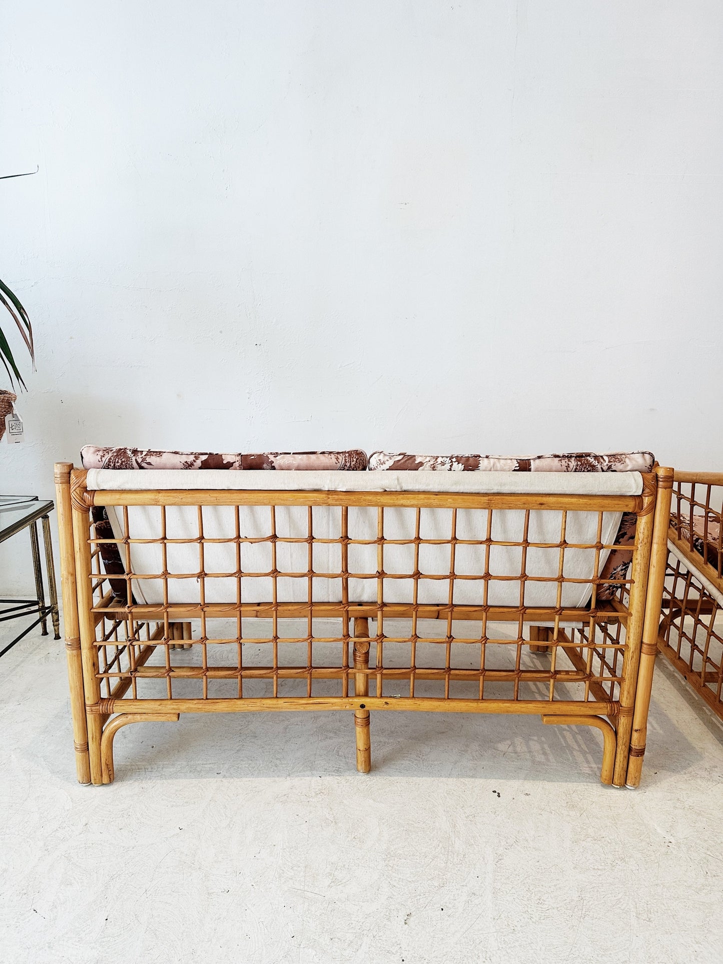 70s Vintage Floral Boxed Rattan Sofa & Armchair Set (1 x Two Seater + 1 x Armchair)