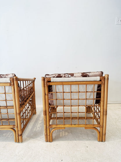 70s Vintage Floral Boxed Rattan Sofa & Armchair Set (1 x Two Seater + 1 x Armchair)