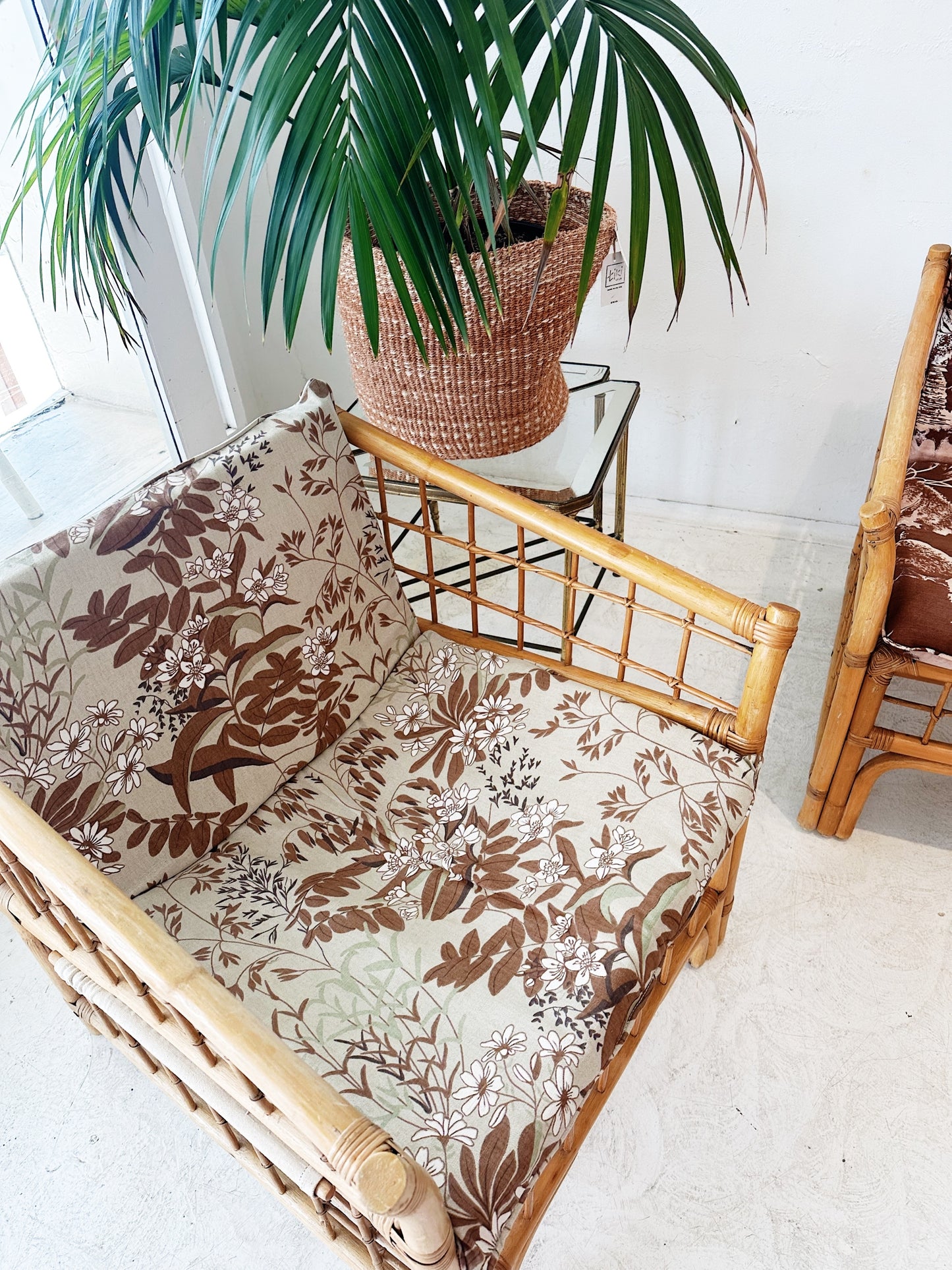 70s Vintage Floral Boxed Rattan Sofa & Armchair Set (1 x Two Seater + 1 x Armchair)