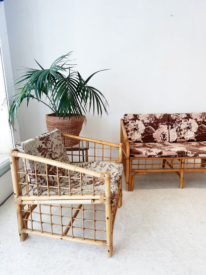 70s Vintage Floral Boxed Rattan Sofa & Armchair Set (1 x Two Seater + 1 x Armchair)