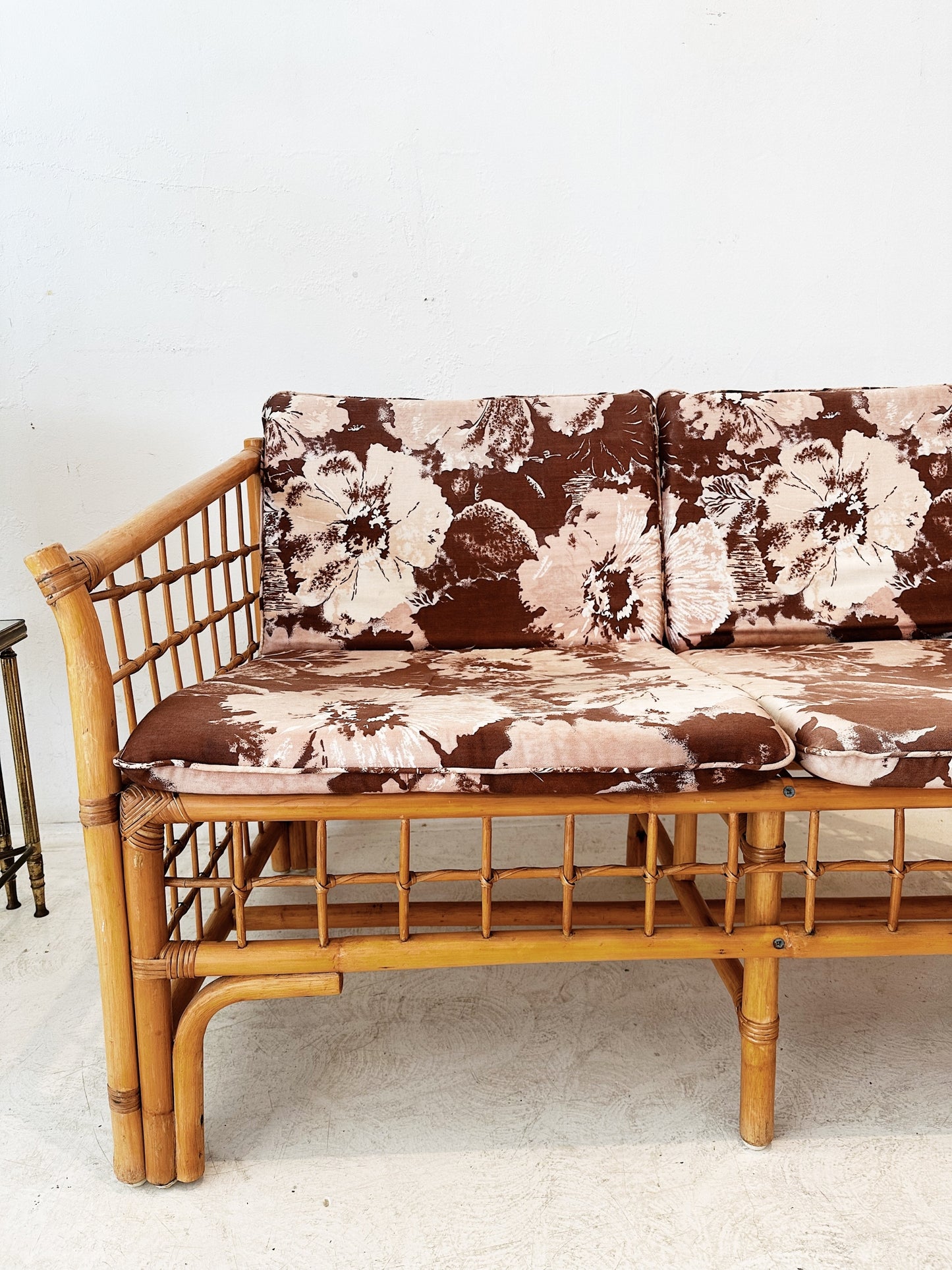 70s Vintage Floral Boxed Rattan Sofa & Armchair Set (1 x Two Seater + 1 x Armchair)